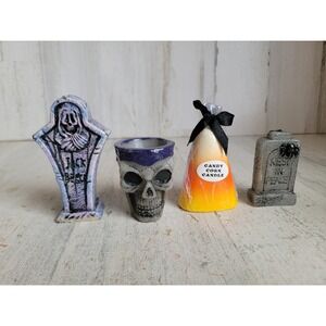 Miniature Halloween tombstone candy corn candle set vintage style skull